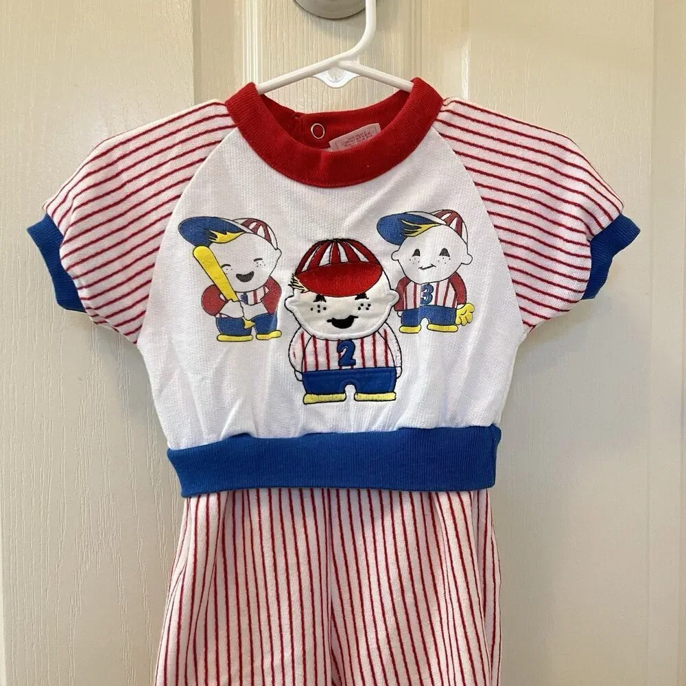 Vintage Buster Brown Baseball Jumpsuit Romper Applique USA Boys Size 12 Months
